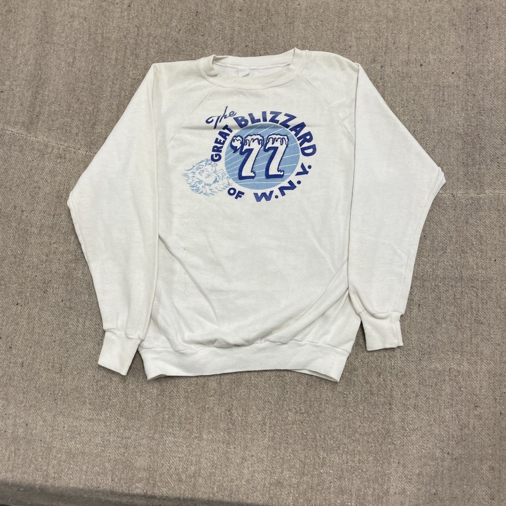 Vintage‎ Great Blizzard of 77 Graphic Sweatshirt Men Medium White 1970s Hanes